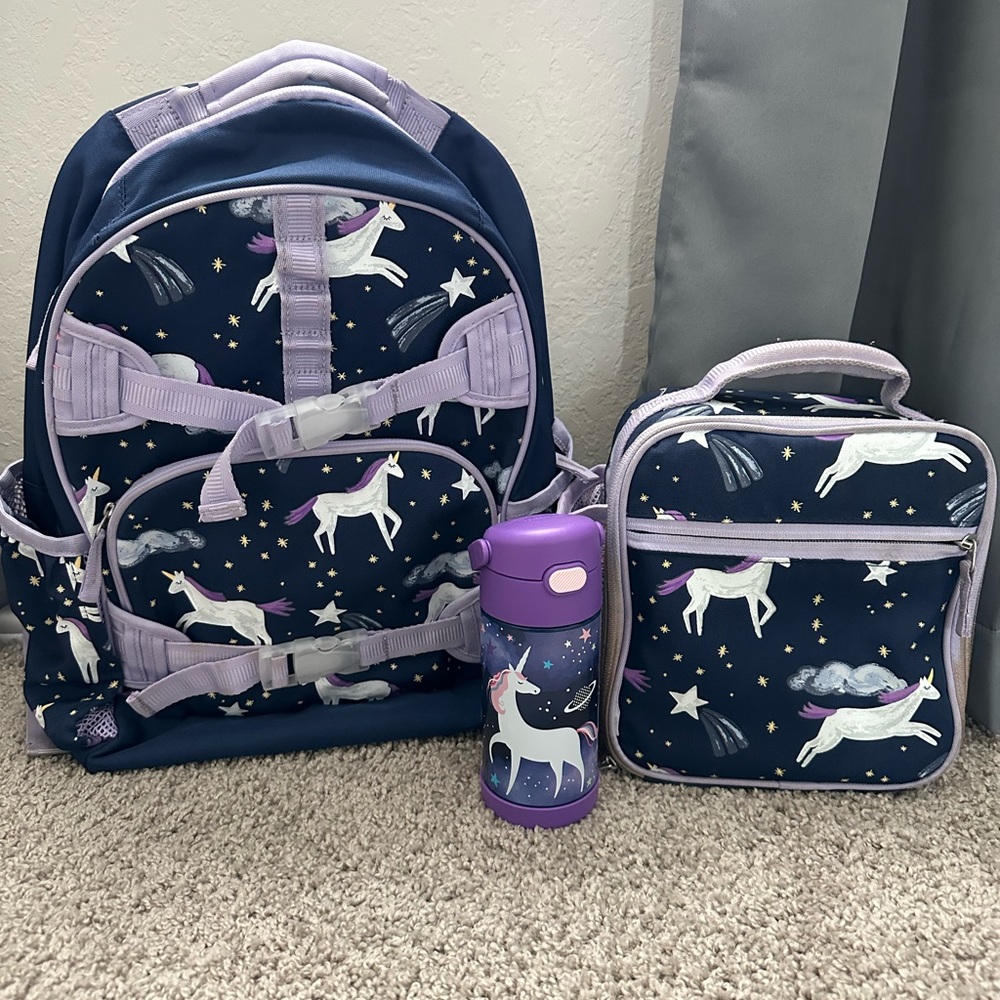 Pottery Barn large backpack and lunch bag plus unicorn cup